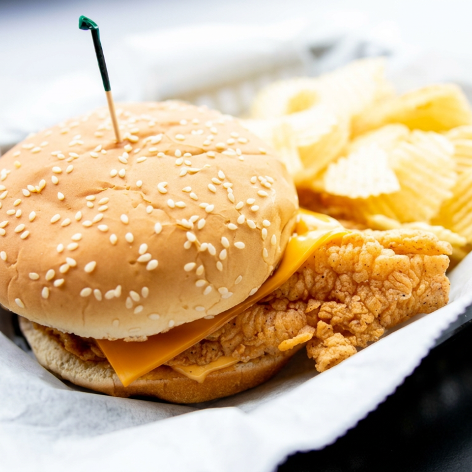 Crispy fried chicken sandwich with melted cheese on a sesame bun, served with ridged potato chips in a paper-lined tray.