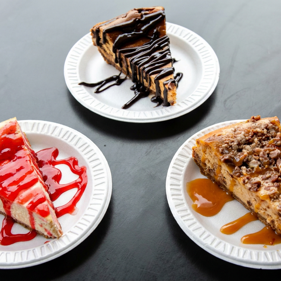Three cheesecake slices on white plates, topped with chocolate, strawberry, and caramel sauces on a dark tabletop.