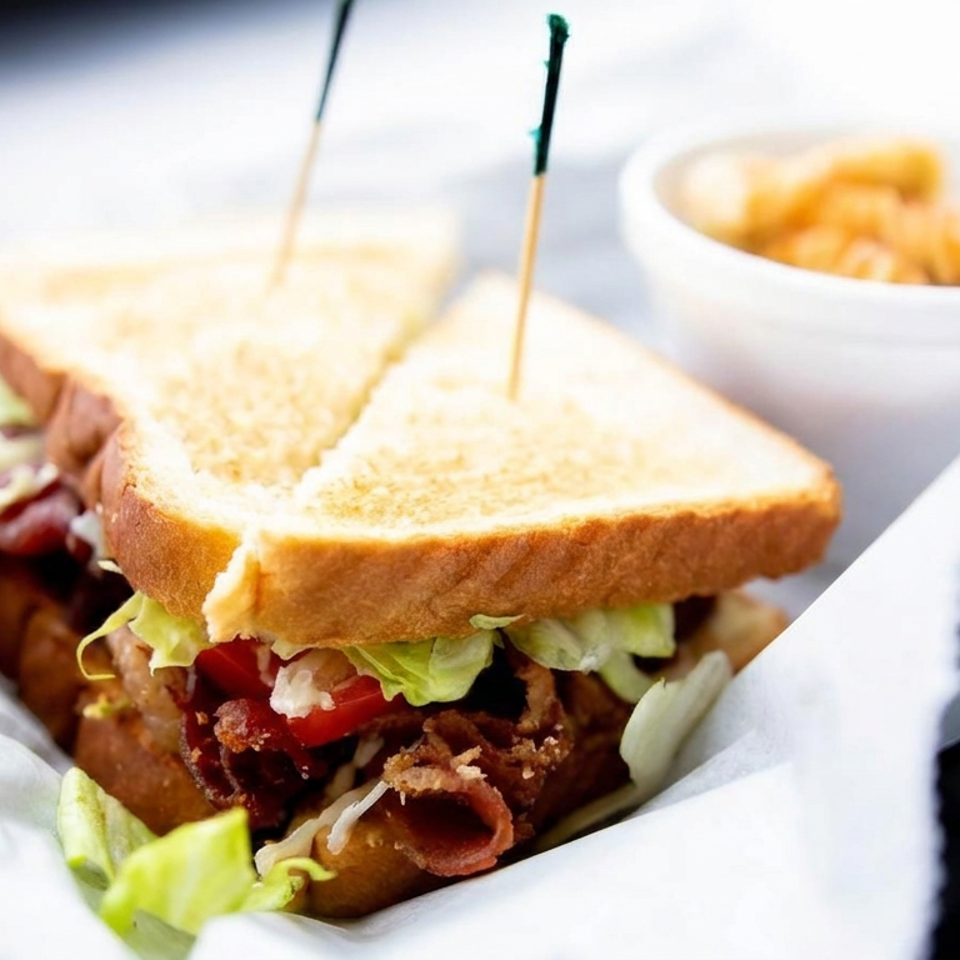 Toasted sandwich with lettuce, tomato, crispy onions, and sauce, served in paper with a side of fries.